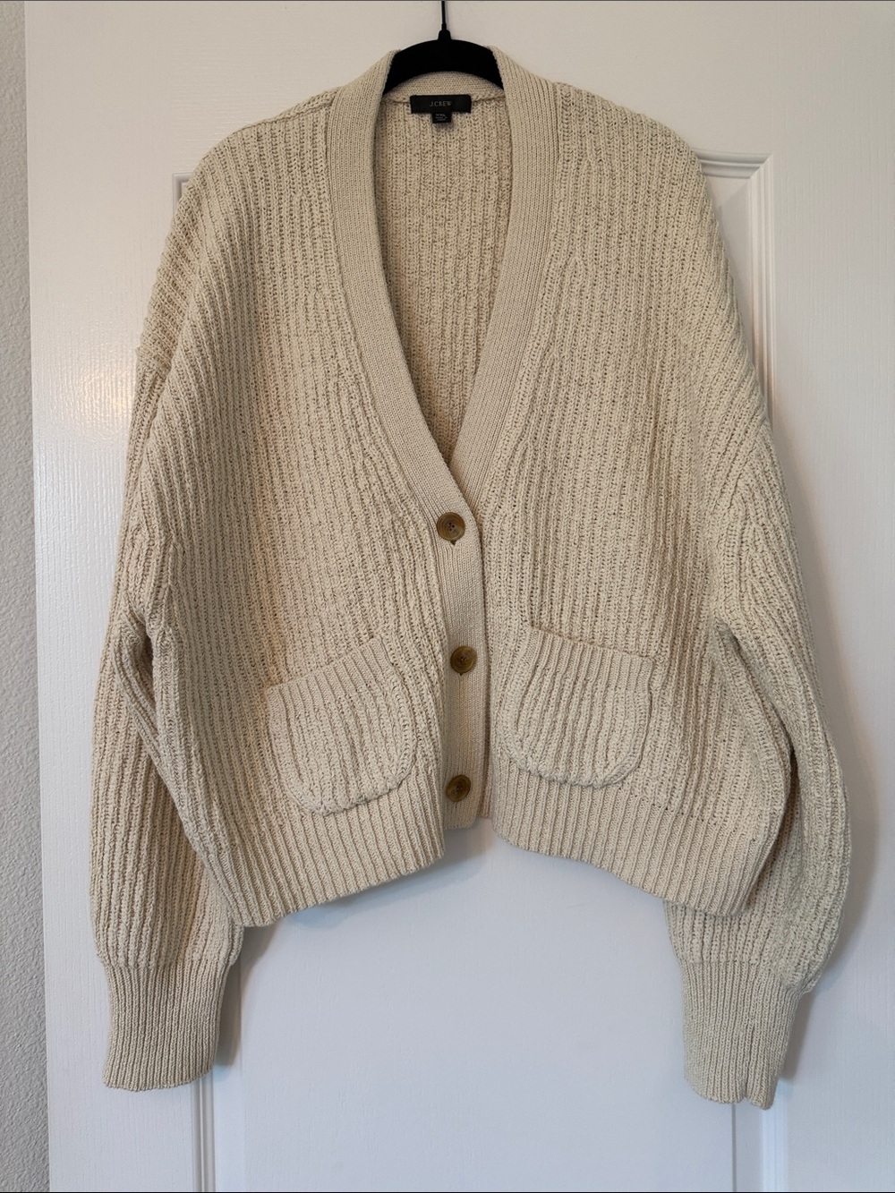 J. Crew Cream Chunky Ribbed Cropped Button-Front Cardigan